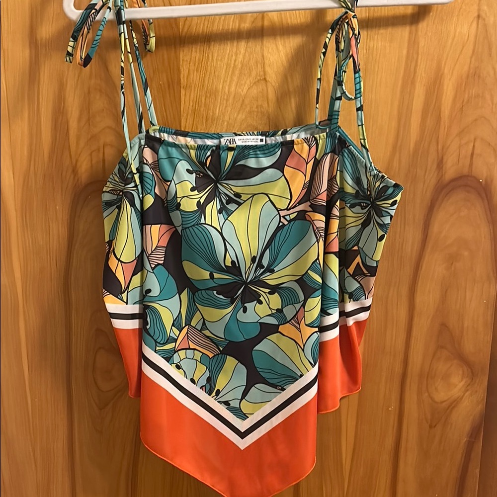 Zara Floral Scarf-Style Camisole in Teal, Yellow & Orange